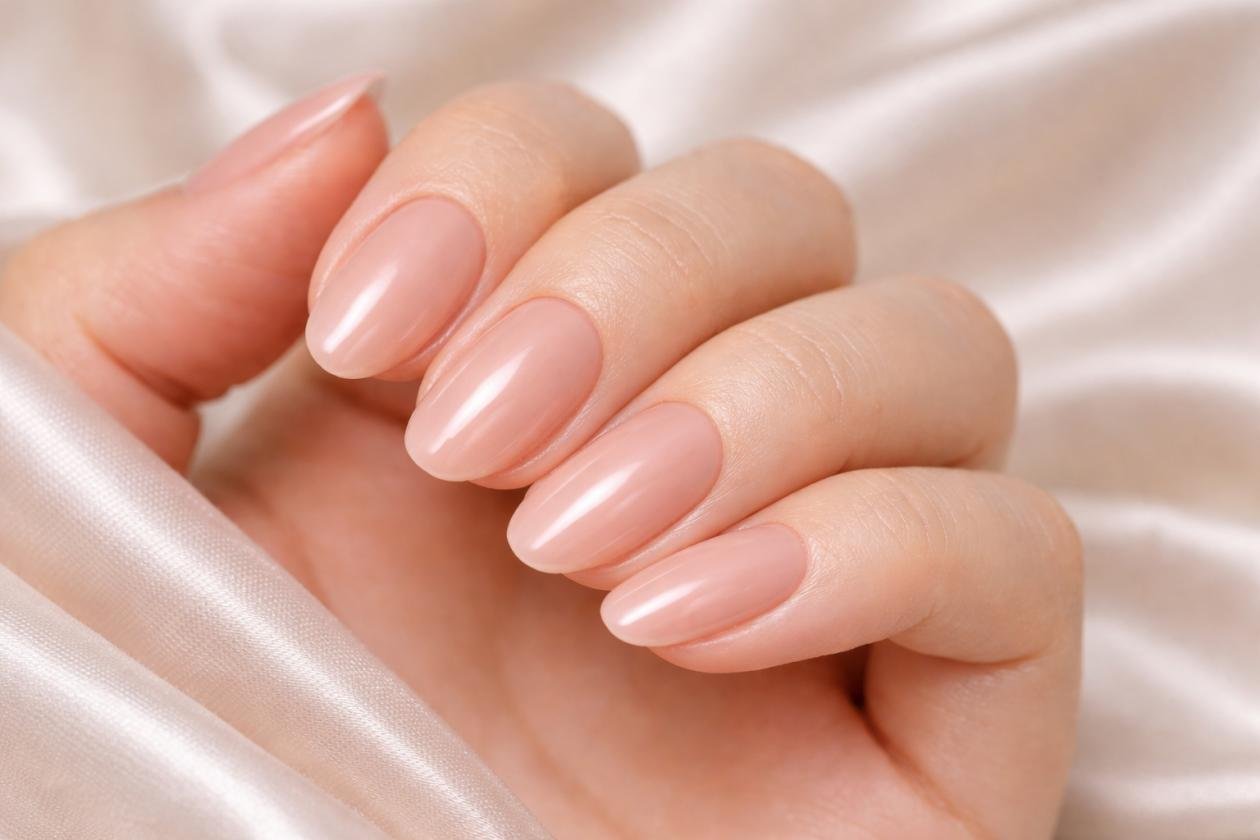 Sheer pink minimalist manicure against soft ivory fabric